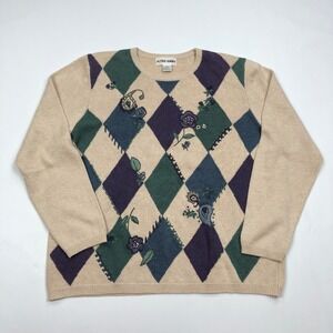 Vintage 80s Alfred Dunner Womens 2X Argyle Floral Embroidered Sweater Diamond